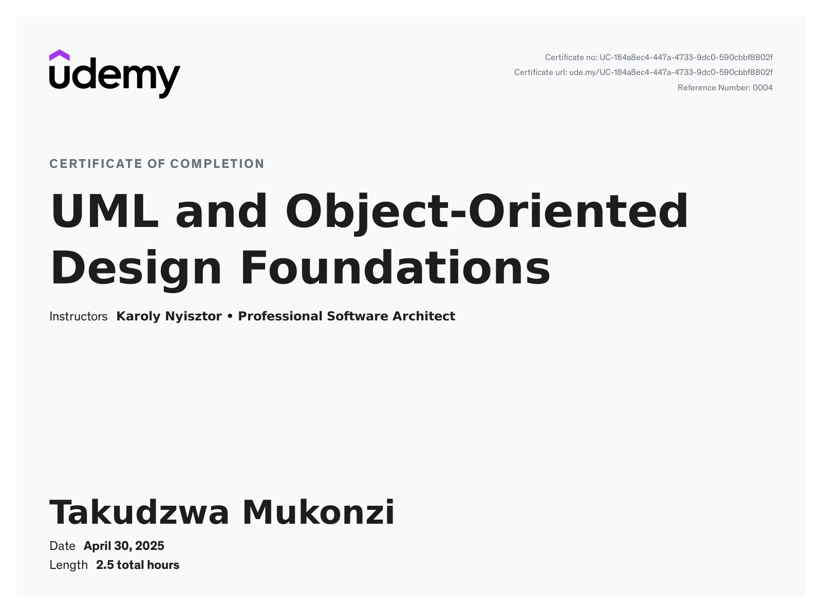 UML and Object-Oriented Design Foundations Certificate